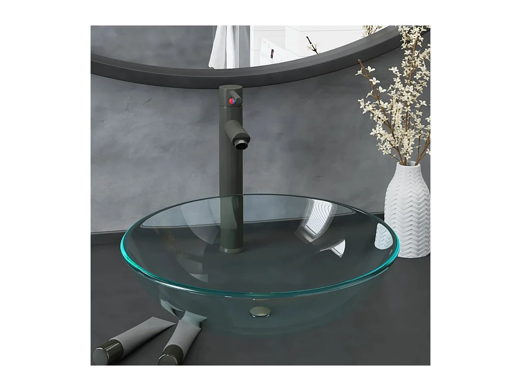 Vasque de bain avec robinet et drain à poussoir Verre trempé WVGQ7765