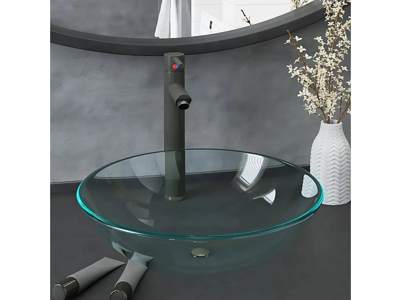 Lavabo con grifo y tapón pulsador cristal templado transparente ES66385