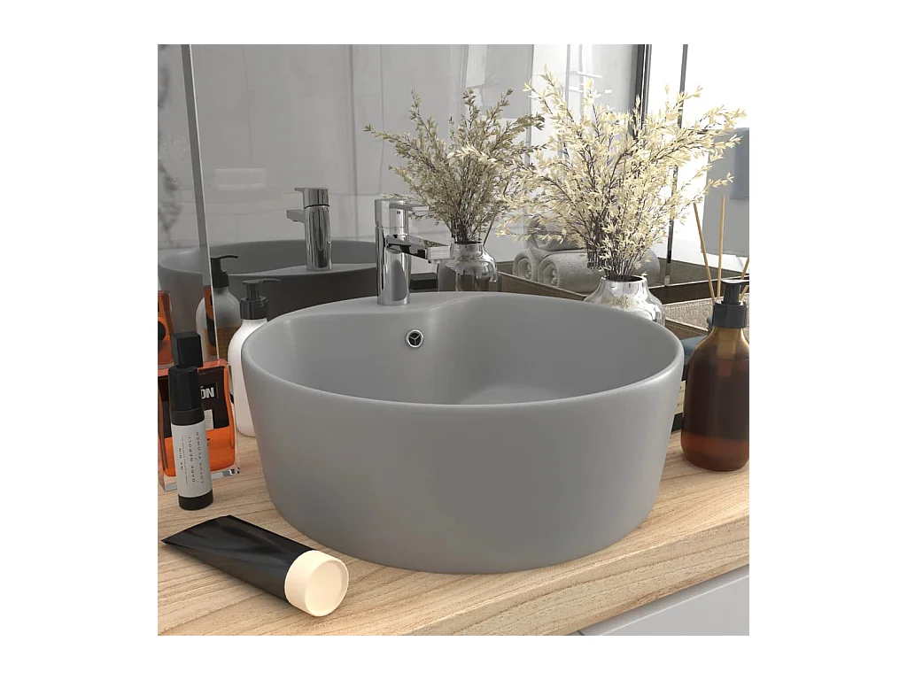 Vasque de luxe avec trop-plein Gris clair mat 36x13cm Céramique WVGQ7751