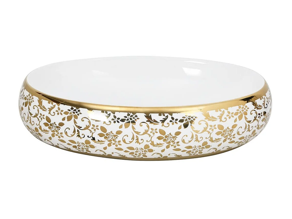 Lavatório de bancada oval 59x40x15 cm cerâmica branco e dourado PT400550