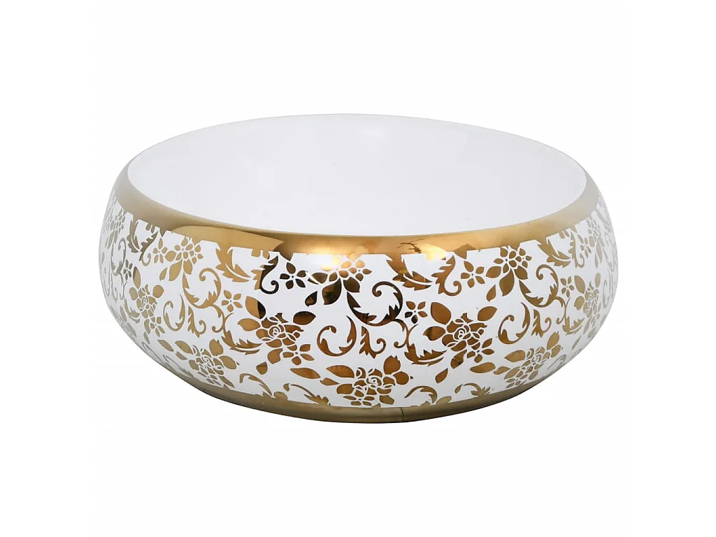 Lavatório de bancada oval 59x40x15 cm cerâmica branco e dourado PT400550