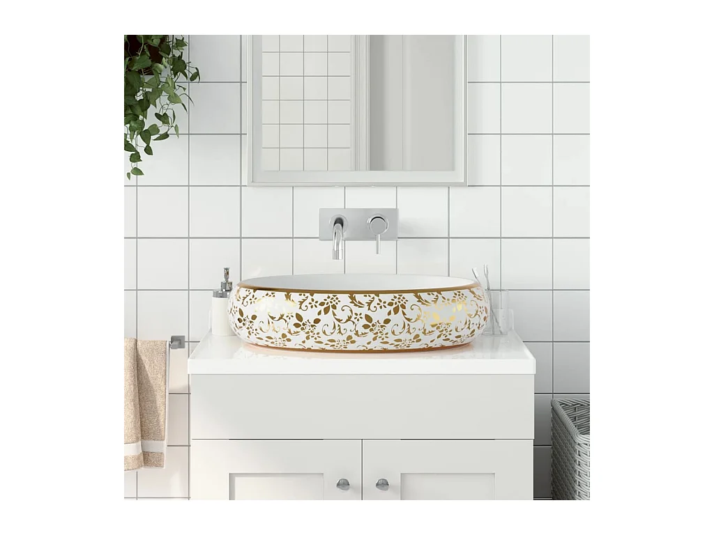 Vasque à poser blanc et doré ovale 59x40x15 cm céramique WVGQ5890