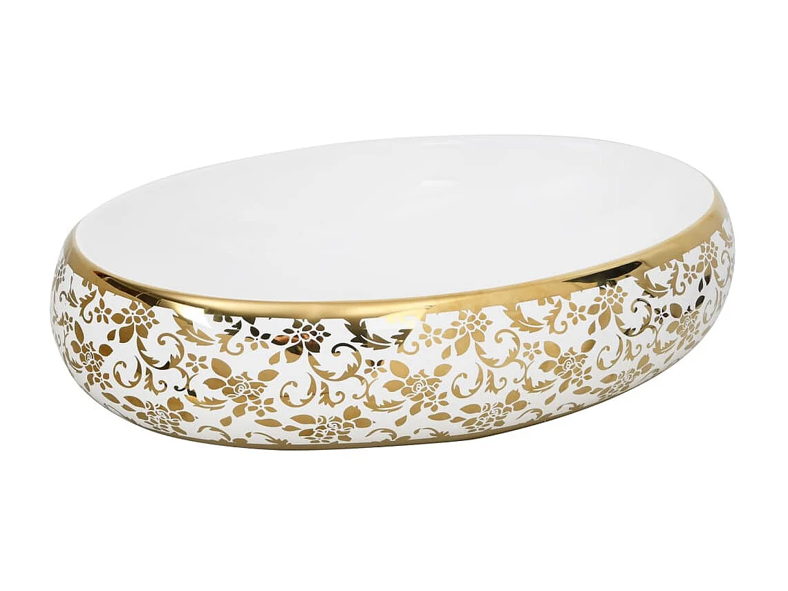 Lavatório de bancada oval 59x40x15 cm cerâmica branco e dourado PT400550
