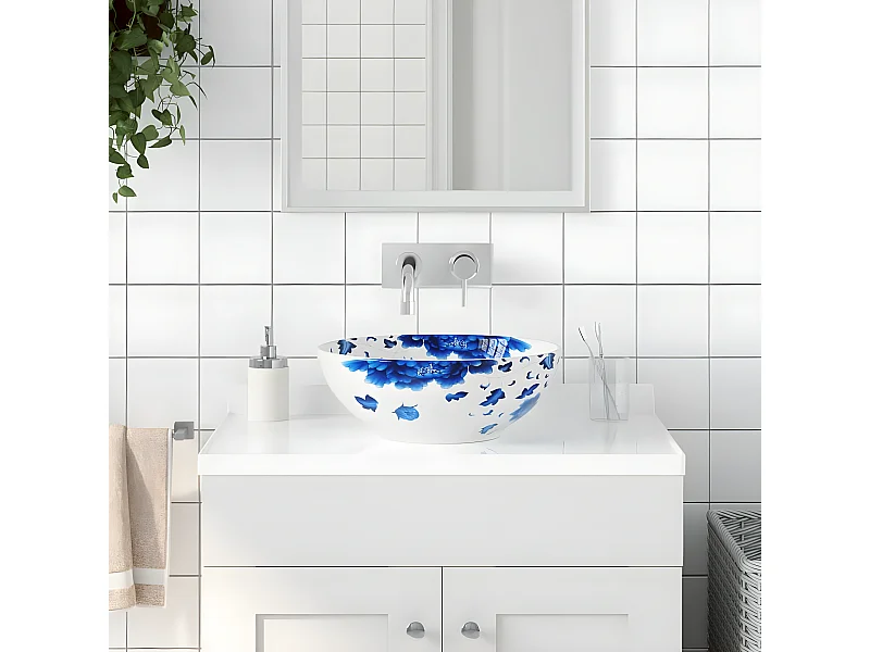 Lavatório de bancada redondo Φ41x14 cm cerâmica branco e azul PT493969