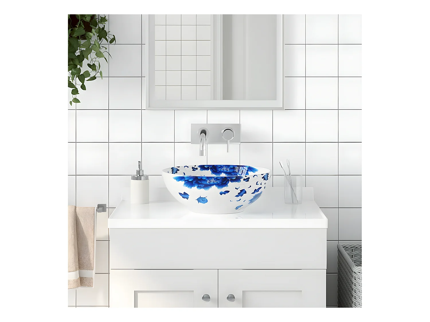 Vasque à poser blanc et bleu rond Φ41x14 cm céramique WVGQ3829