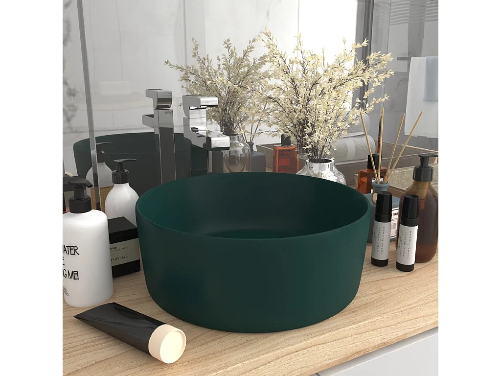 Lavatório luxuoso redondo 40x15cm cerâmica verde-escuro mate PT775225