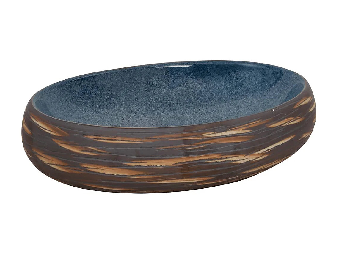 Lavatório de bancada oval 59x40x15 cm cerâmica castanho e azul PT237587
