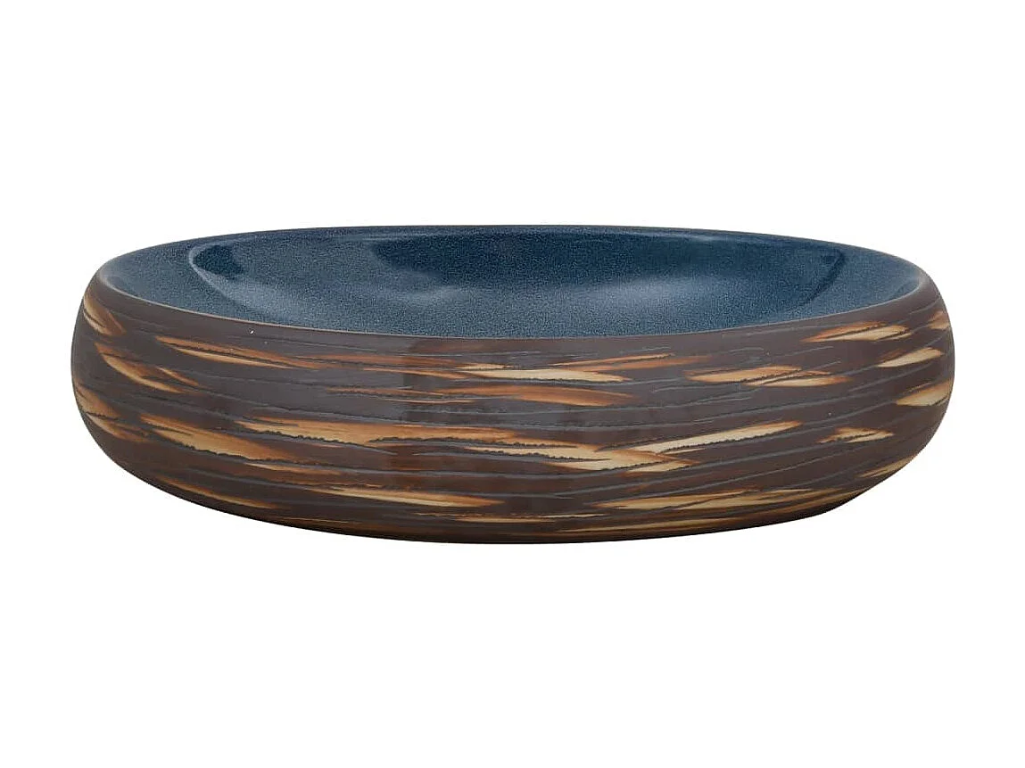 Lavatório de bancada oval 59x40x15 cm cerâmica castanho e azul PT237587