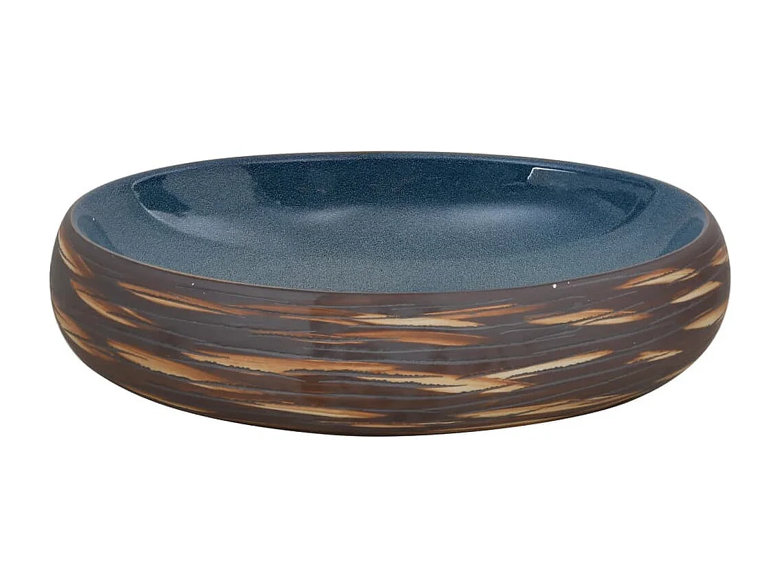 Lavatório de bancada oval 59x40x15 cm cerâmica castanho e azul PT237587