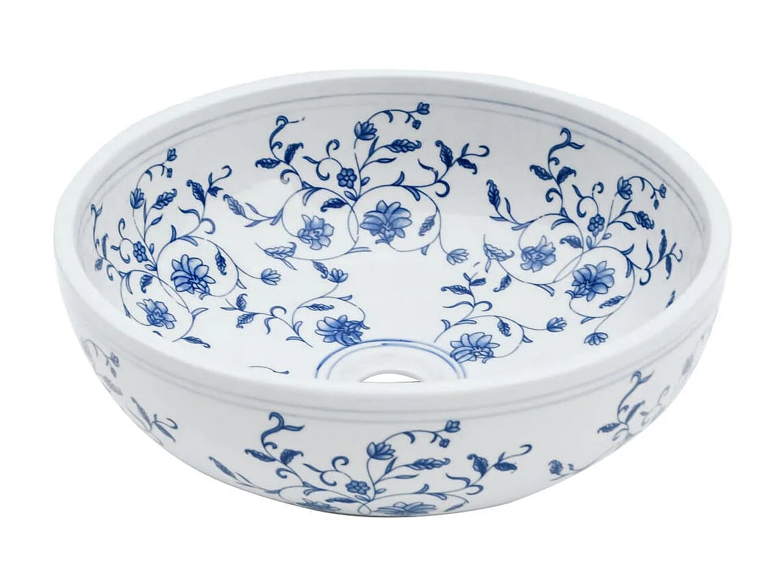 Lavabo sobre encimera redondo cerámica blanco y azul Φ41x14 cm ES849653