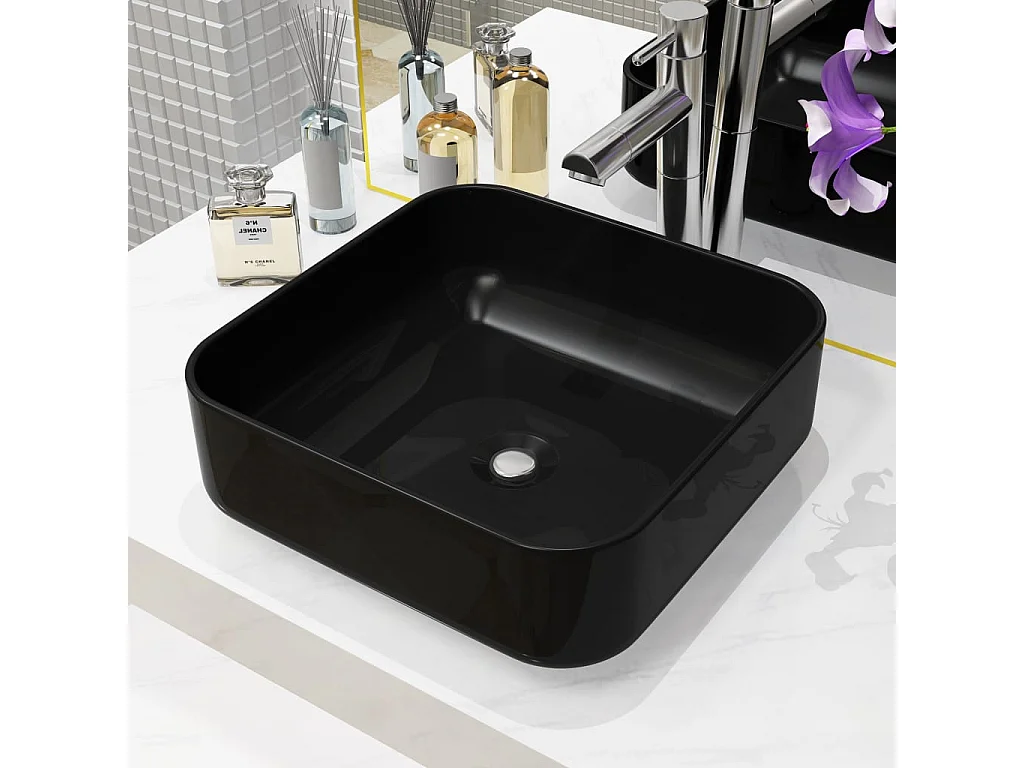 Lavabo cuadrado de cerámica negro 38x38x13,5 cm ES66291