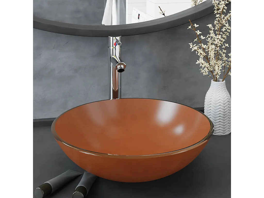 Lavabo con grifo y tapón pulsador cristal templado marrón ES66364