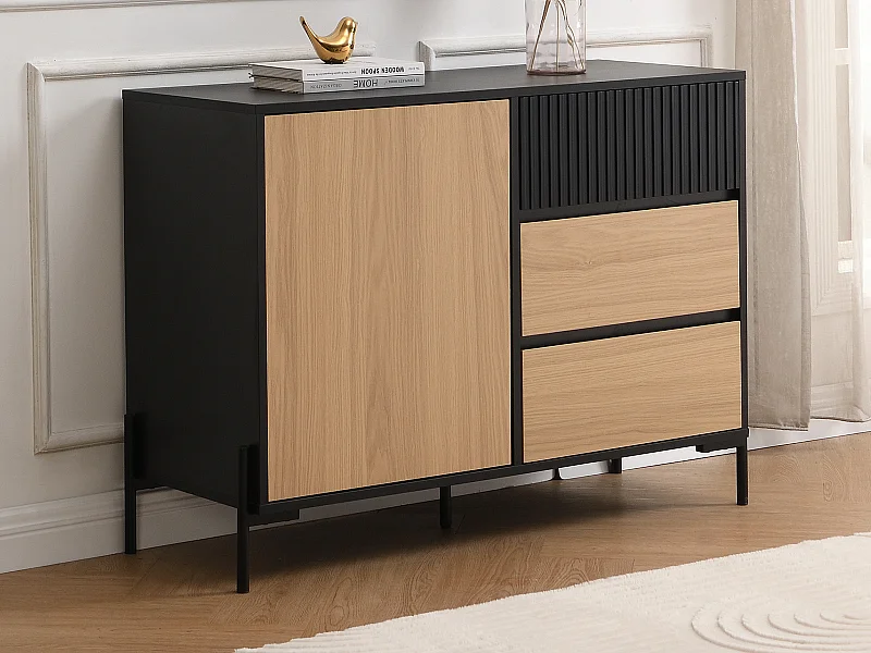 Sideboard mit 1 Tür & 3 Schubladen - Schwarz & Holzfarben dunkel - GLARODI
