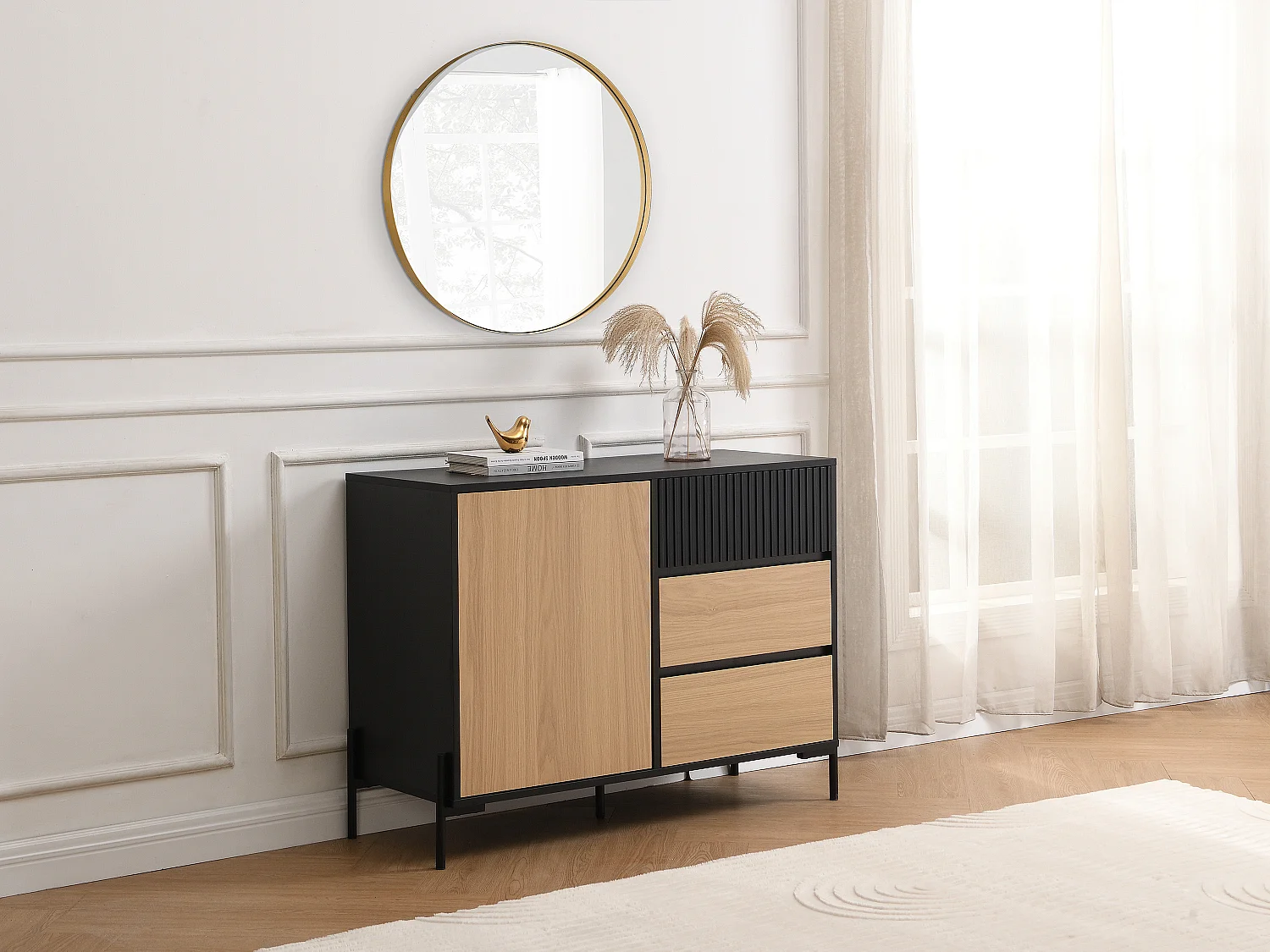 Credenza con 1 anta e 3 cassetti Nero e naturale chiaro  - GLARODI
