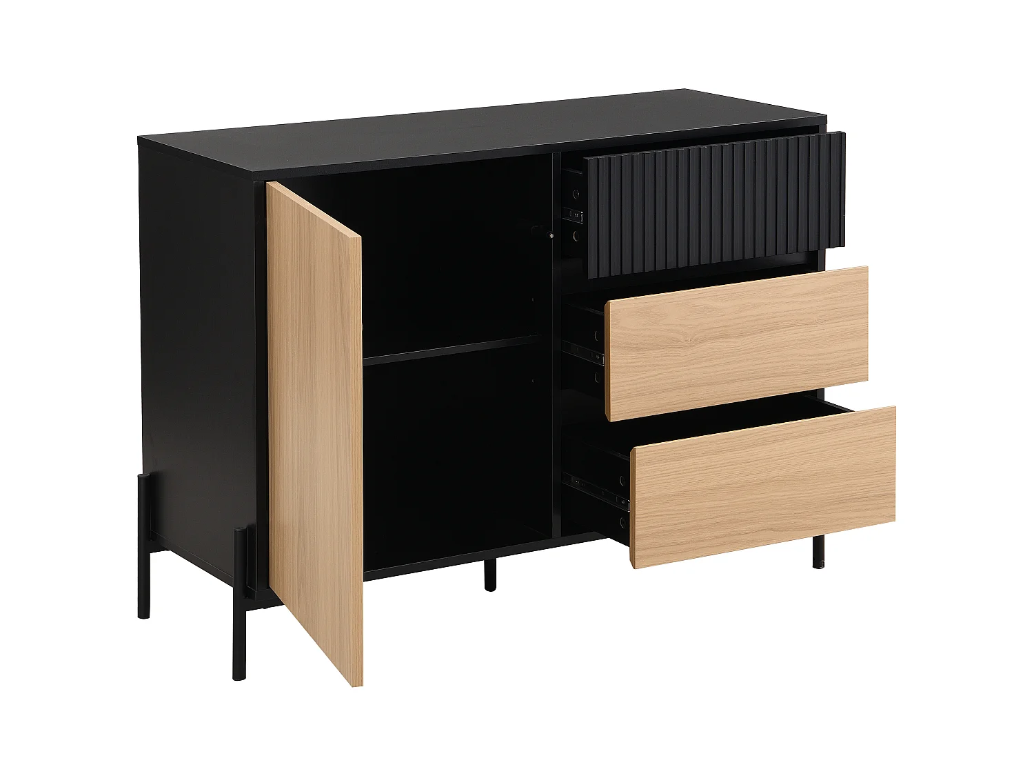 Credenza con 1 anta e 3 cassetti Nero e naturale chiaro  - GLARODI