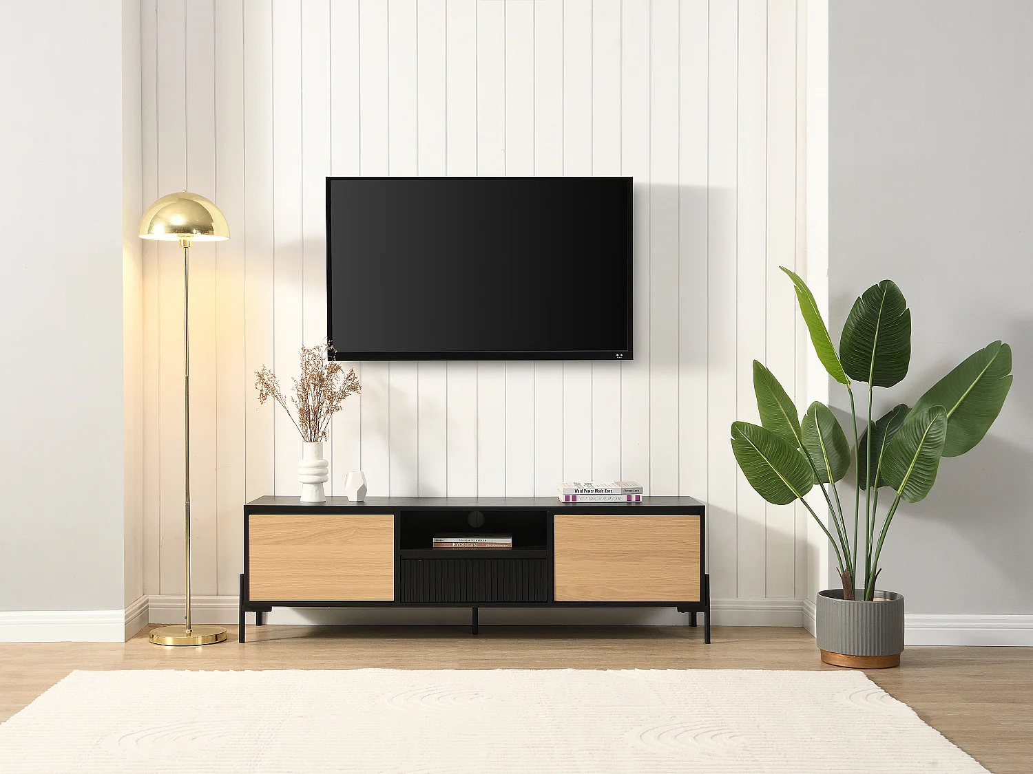 Meuble TV avec 2 portes, 1 tiroir et 1 niche - Noir et naturel clair - GLARODI