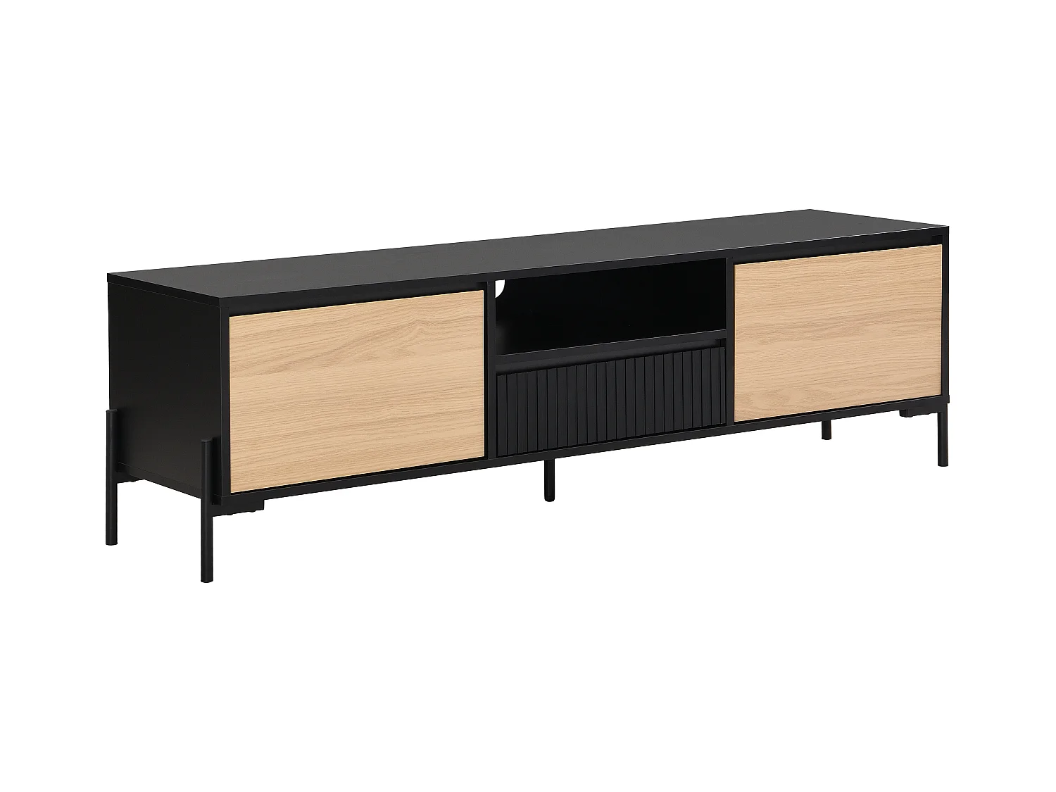 Tv-meubel met 2 deuren, 1 lade en 1 nis - Zwart en licht naturel - GLARODI
