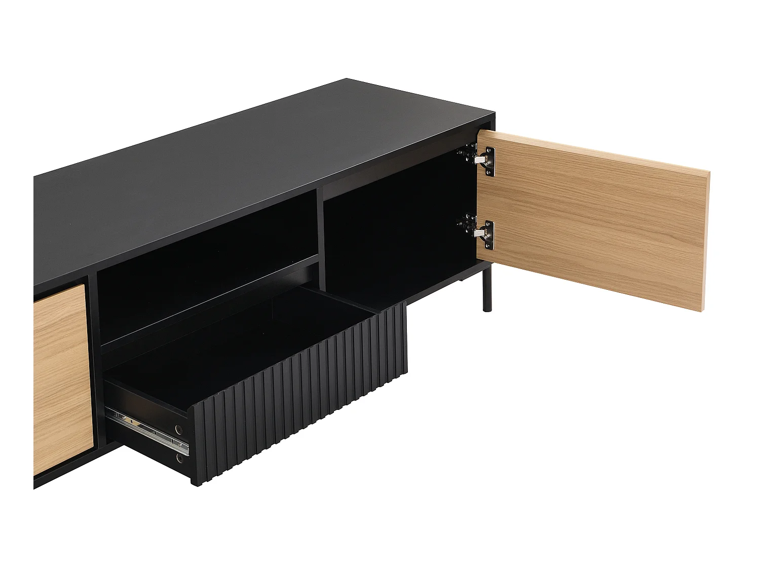 Tv-meubel met 2 deuren, 1 lade en 1 nis - Zwart en licht naturel - GLARODI