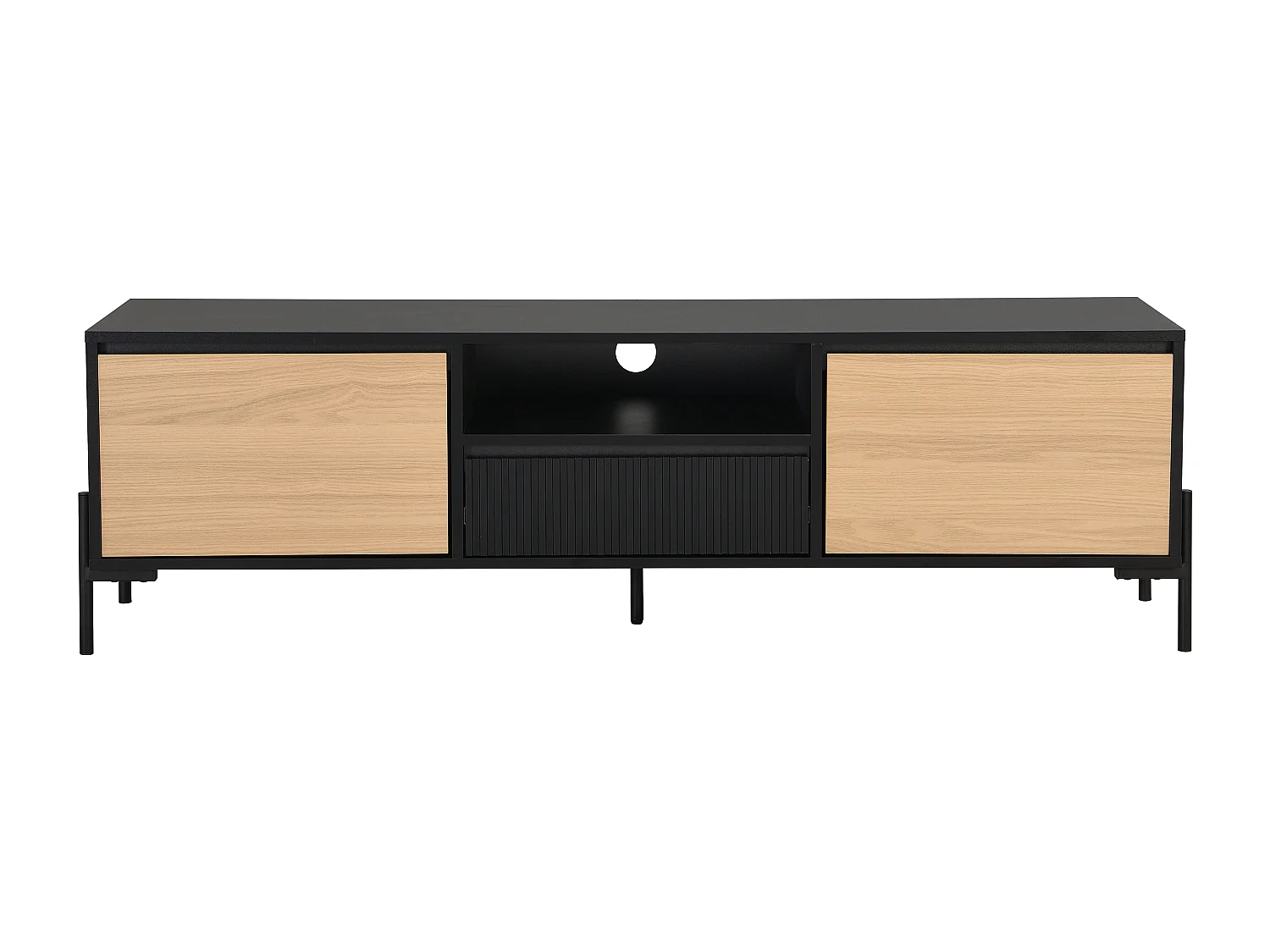 Meuble TV avec 2 portes, 1 tiroir et 1 niche - Noir et naturel clair - GLARODI