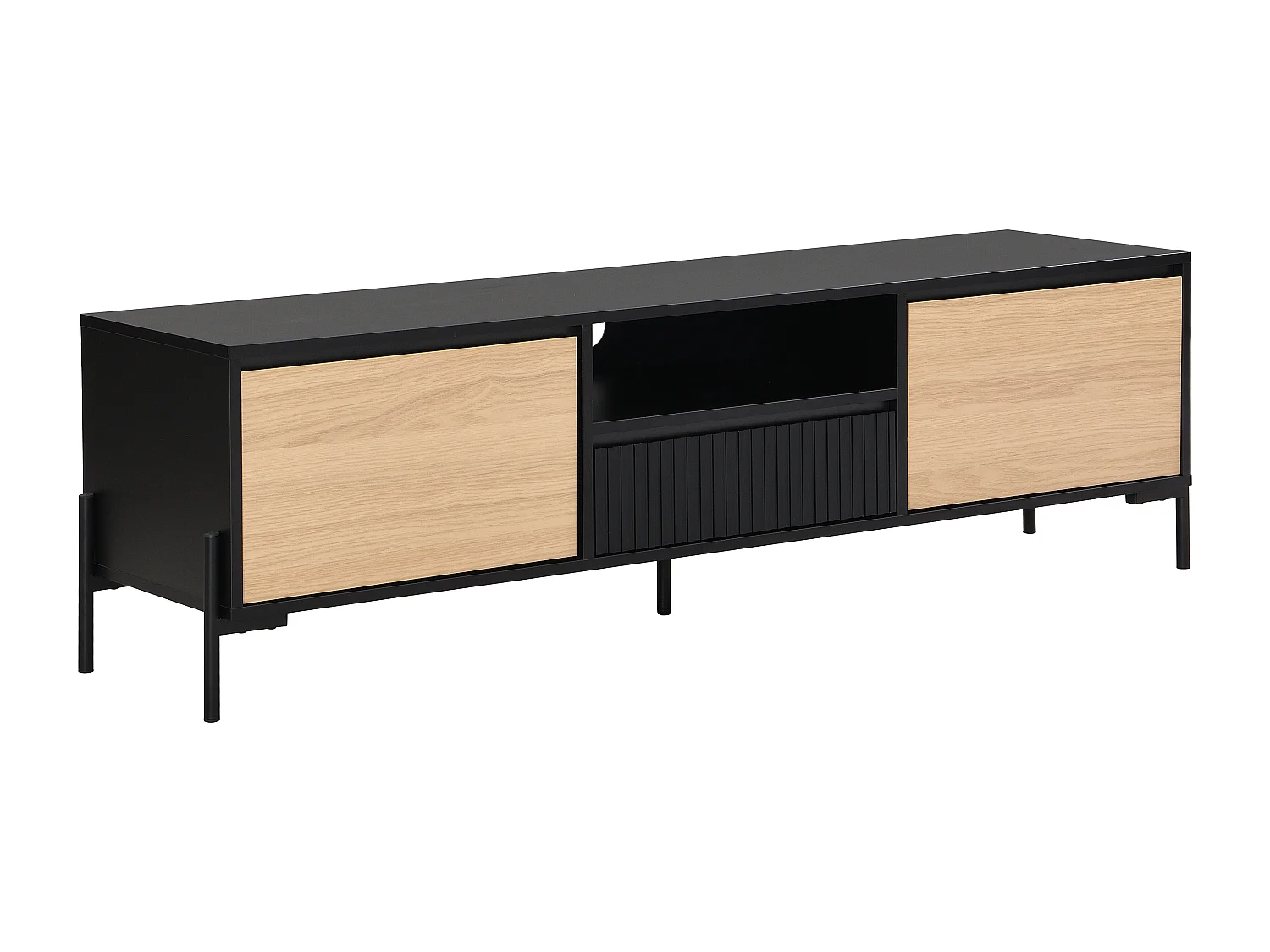 Meuble TV avec 2 portes, 1 tiroir et 1 niche - Noir et naturel clair - GLARODI