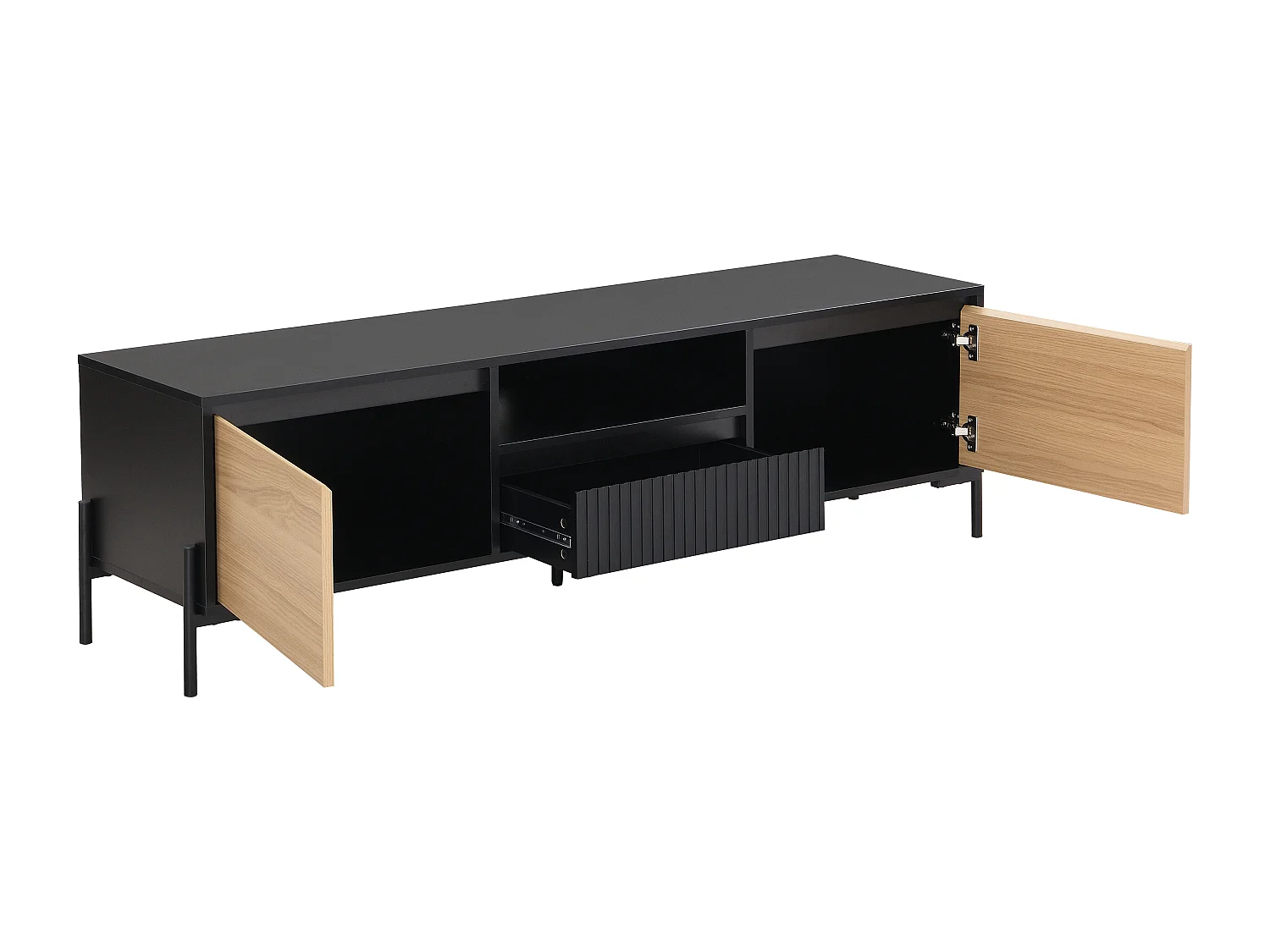 Meuble TV avec 2 portes, 1 tiroir et 1 niche - Noir et naturel clair - GLARODI