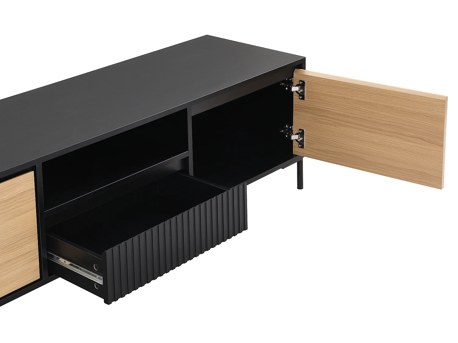 Meuble TV avec 2 portes, 1 tiroir et 1 niche - Noir et naturel clair - GLARODI