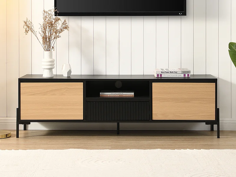 Meuble TV avec 2 portes, 1 tiroir et 1 niche - Noir et naturel clair - GLARODI