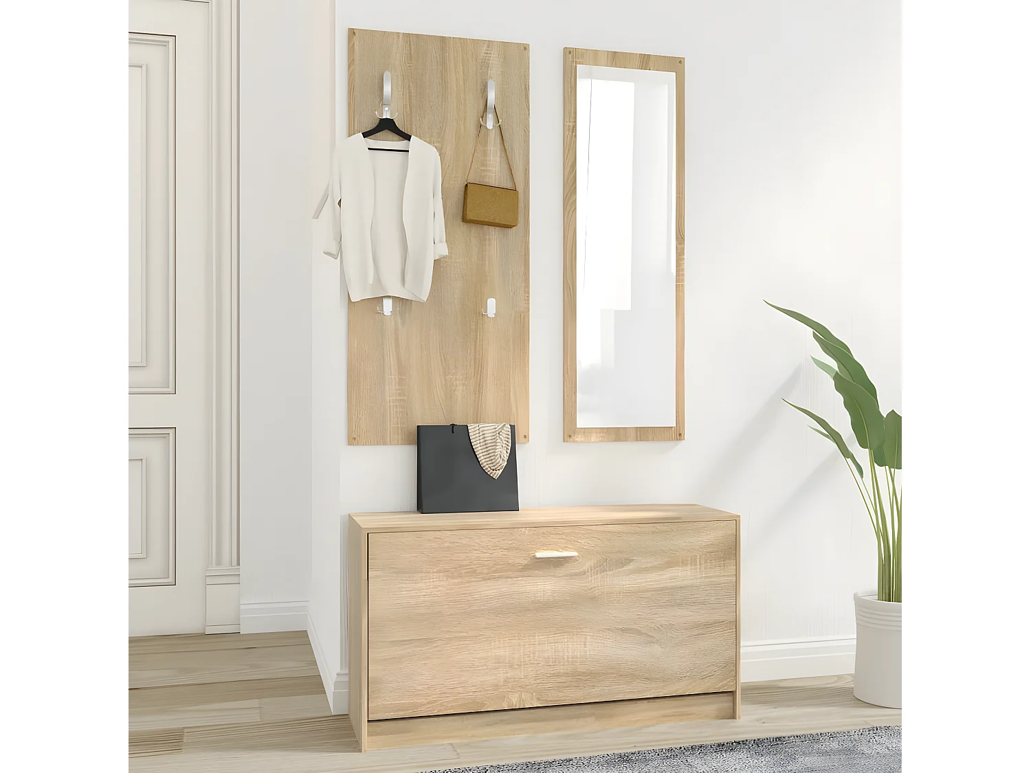 Set de mueble zapatero 3 en 1 madera contrachapada roble Sonoma ES694379