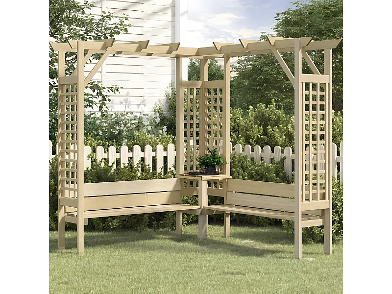 Pérgola de esquina con banco madera de pino impregnada ES773043