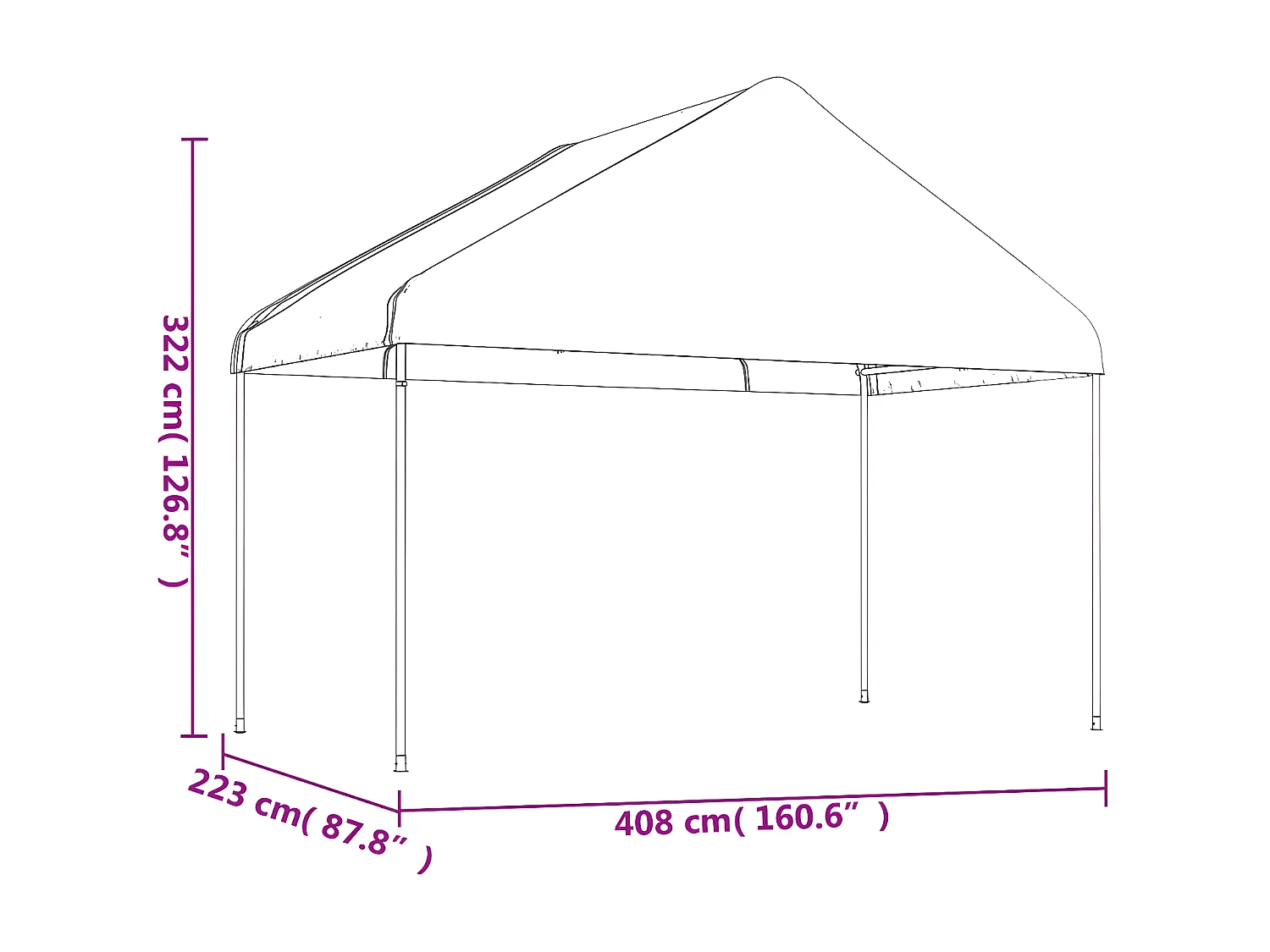 Prieel met dak 4,08x2,23x3,22 m polyetheen wit NL542717