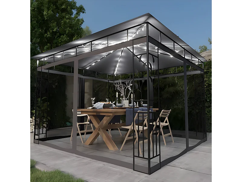 Gazebo - Tenda de recepção c/ mosquiteiro e cordões luzes LED 3x3x2,73m antracite PT388646