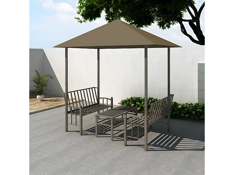 Pavillon de jardin et table et bancs 2,5x1,5x2,4m Taupe 180g/m²	 WVGQ5748