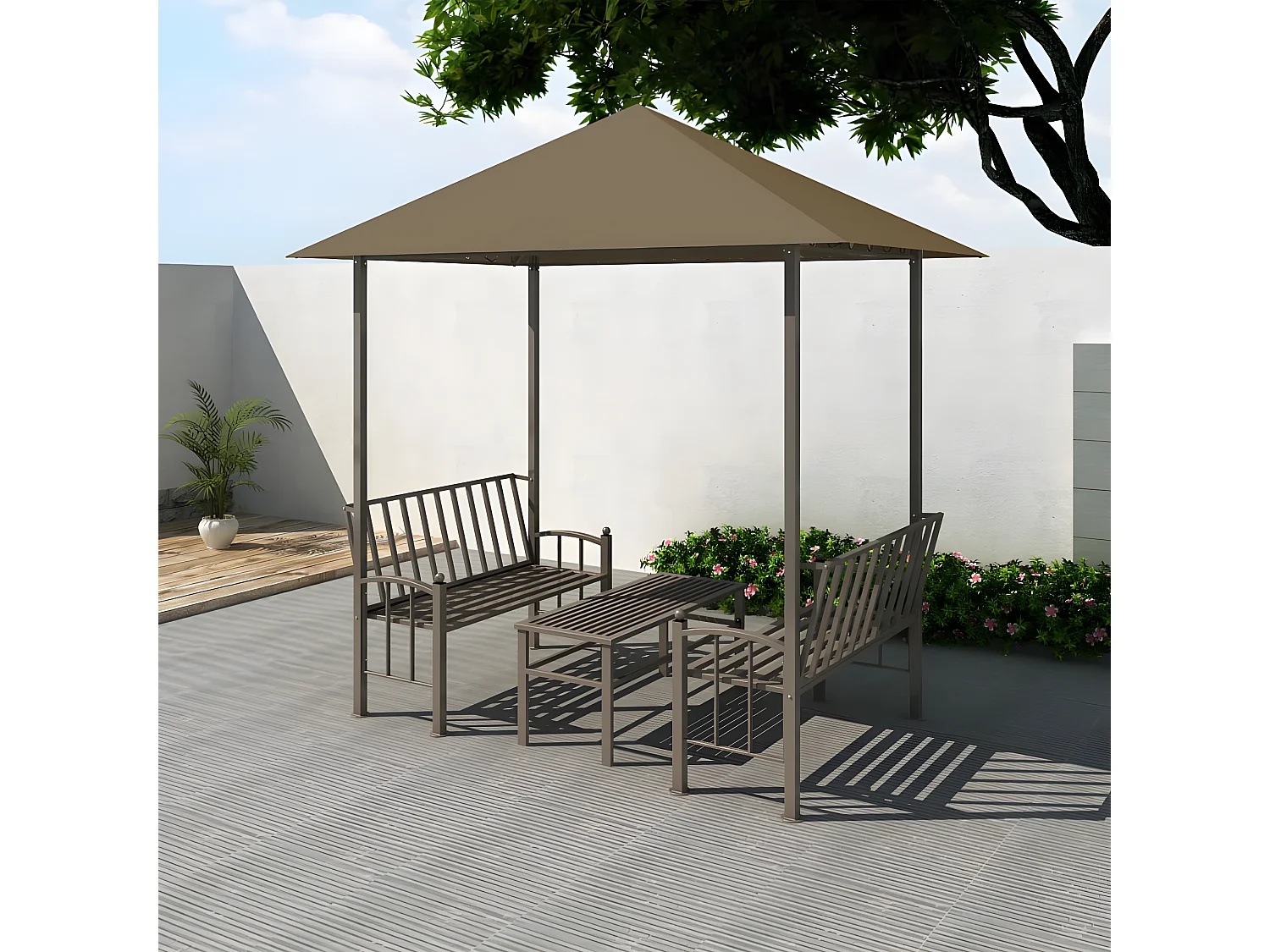 Pavillon de jardin et table et bancs 2,5x1,5x2,4m Taupe 180g/m²	 WVGQ5748