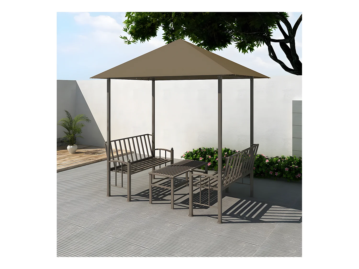 Quiosco de jardín mesa y bancos gris taupe 180g/m² 2,5x1,5x2,4m ES841618