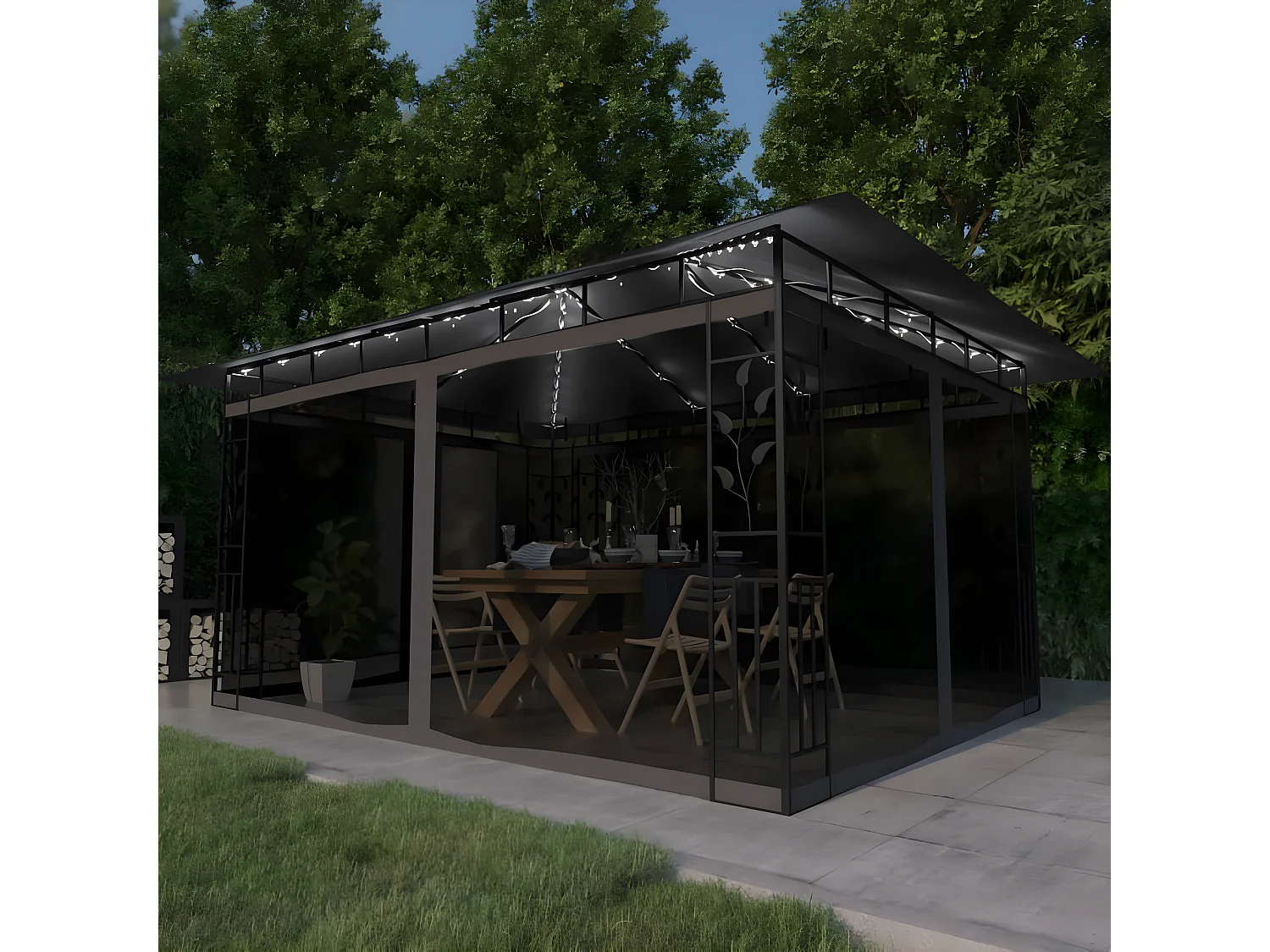 Gazebo - Tenda de recepção c/ mosquiteiro e cordões luzes LED 4x3x2,73m antracite PT855283