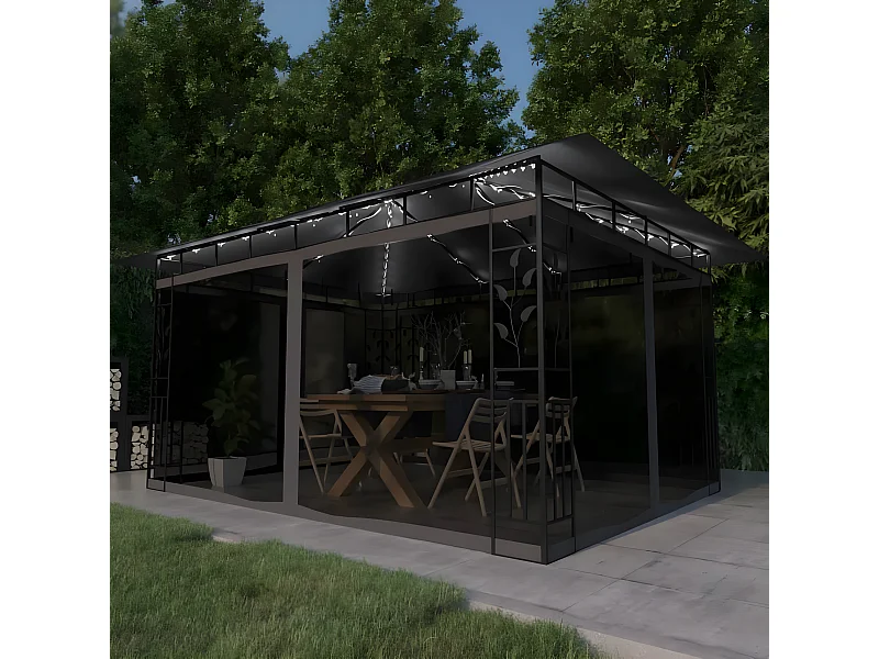 Gazebo - Tenda de recepção c/ mosquiteiro e cordões luzes LED 4x3x2,73m antracite PT855283