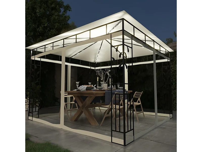 Gazebo - Tenda de recepção c/ mosquiteiro e cordões luzes LED 3x3x2,73m creme PT566347