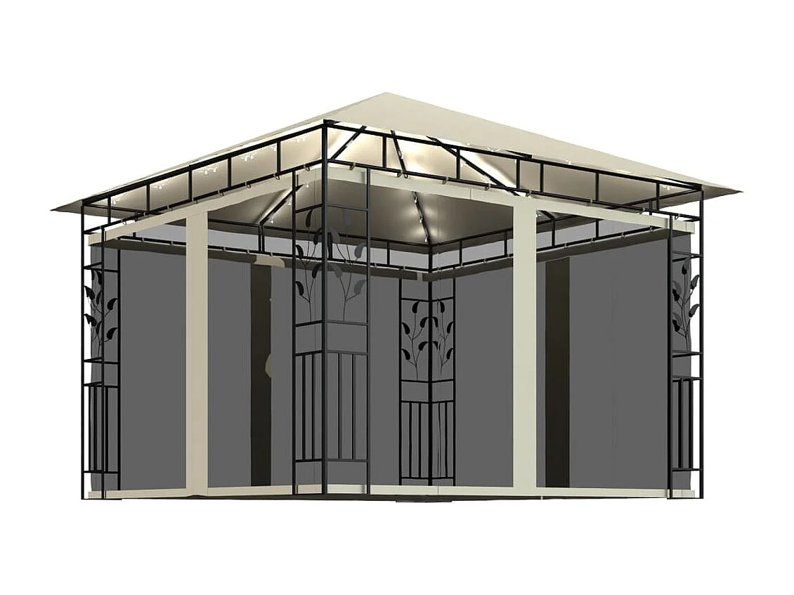 Gazebo - Tenda de recepção c/ mosquiteiro e cordões luzes LED 3x3x2,73m creme PT566347