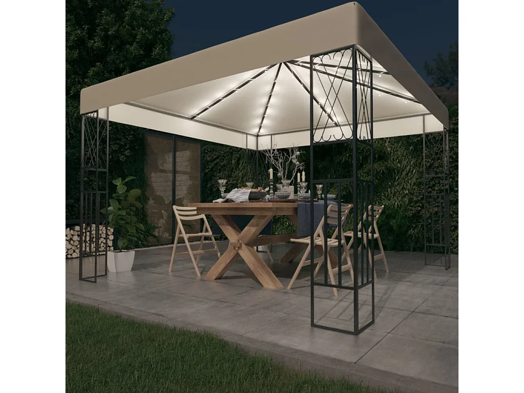 Gazebo - Tenda de recepção com cordões de luzes LED 3x3 m tecido cor creme PT554360