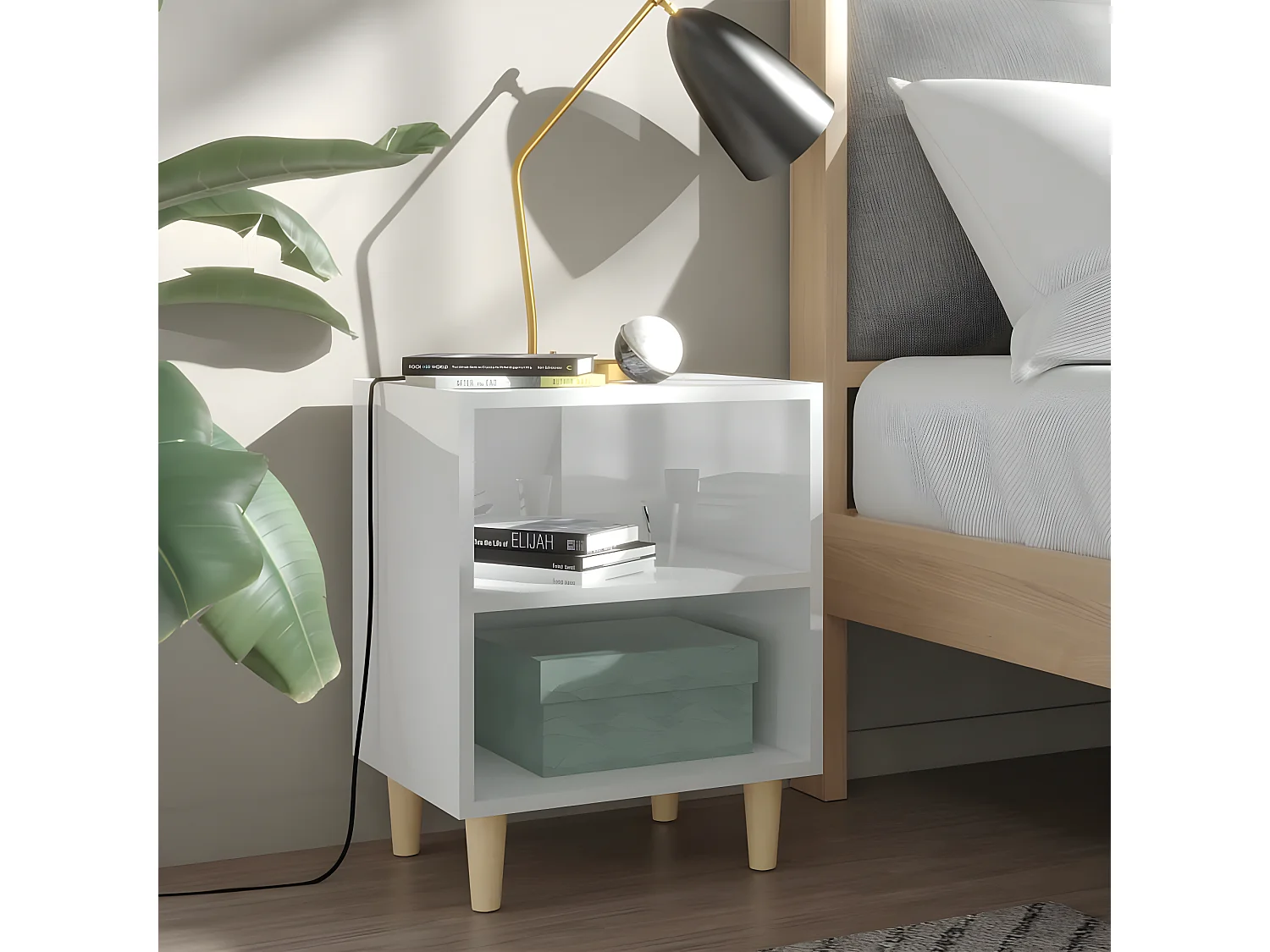 Lot de 2 Tables de chevet pieds en bois Blanc brillant 40x30x50 cm WVGQ7419