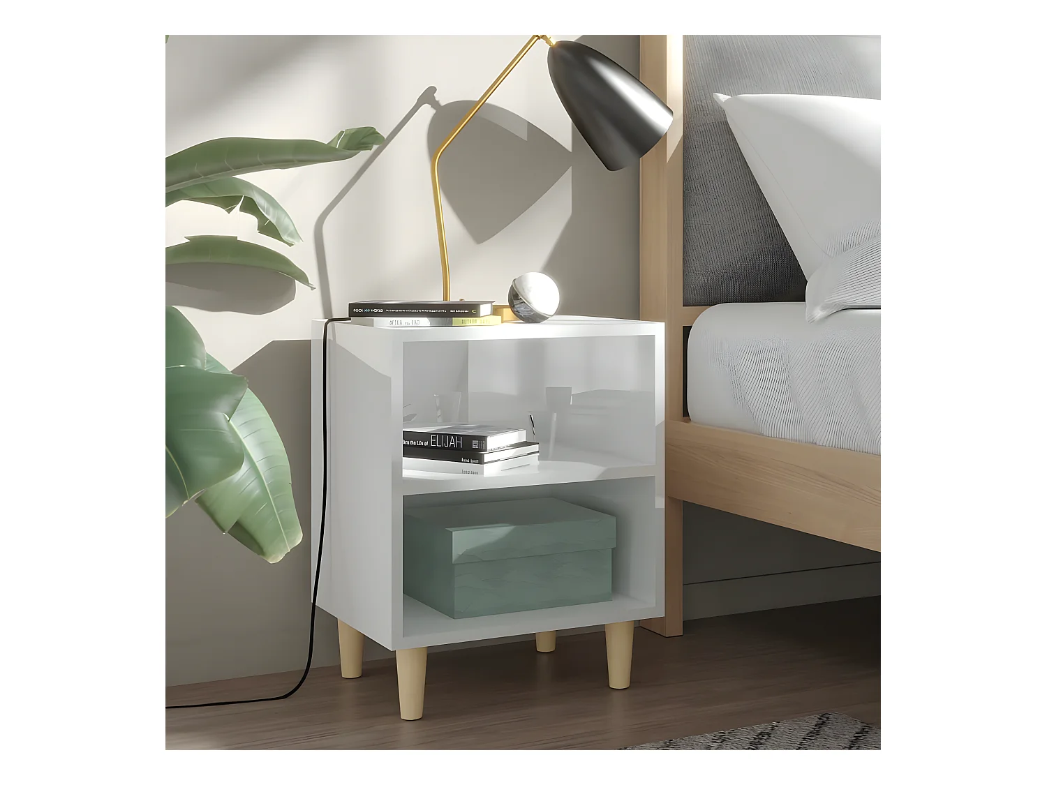 Lot de 2 Tables de chevet pieds en bois Blanc brillant 40x30x50 cm WVGQ7419