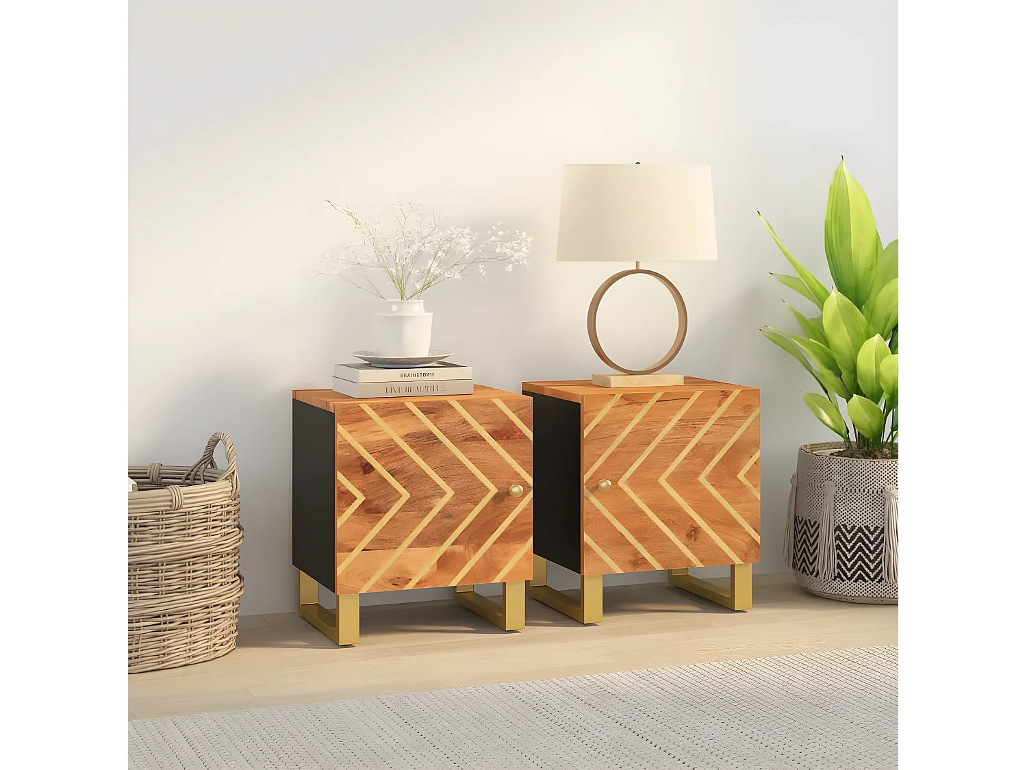 Lot de 2 Tables de chevet marron et noir bois de manguier solide WVGQ1195