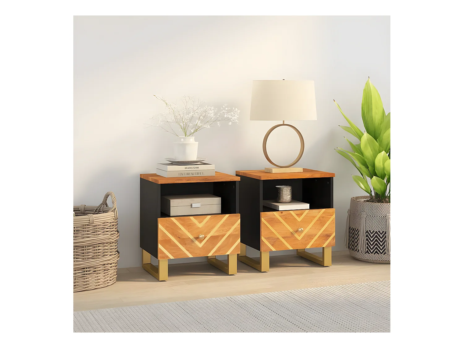 Lot de 2 Tables de chevet marron et noir bois de manguier solide WVGQ3224