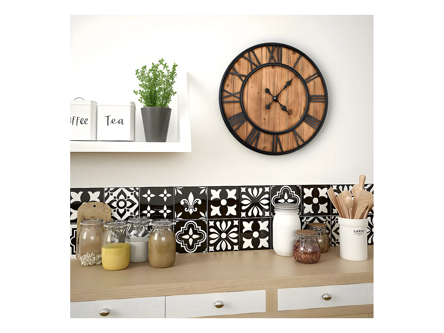 Reloj de pared vintage movimiento cuarzo madera metal 60 cm XXL ES413888