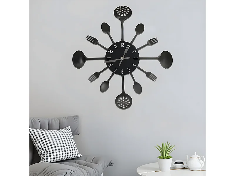 Relógio de parede design colher e garfo 40 cm alumínio preto PT580467