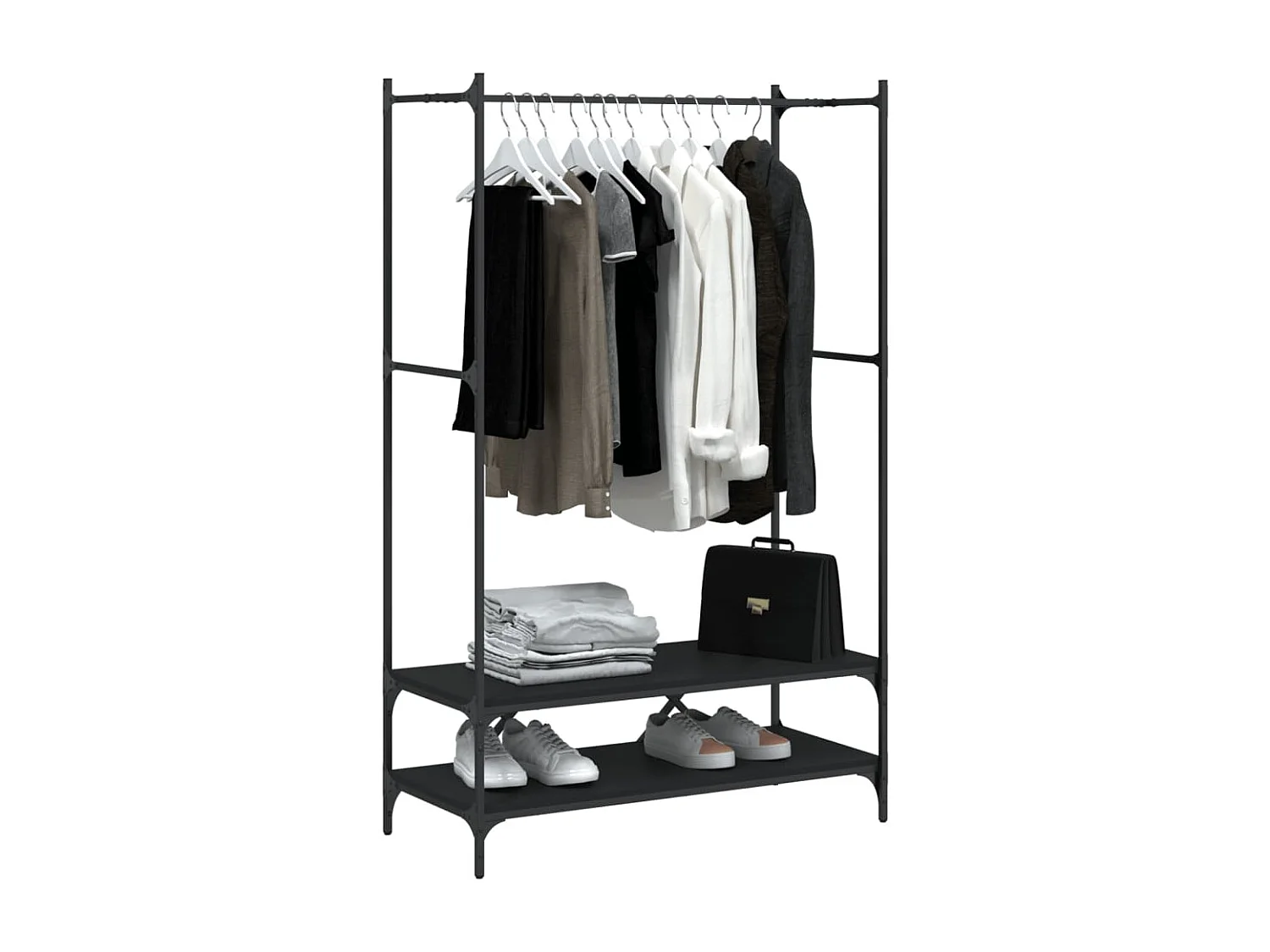 Suporte para roupas c/ prateleiras derivados de madeira preto PT759291