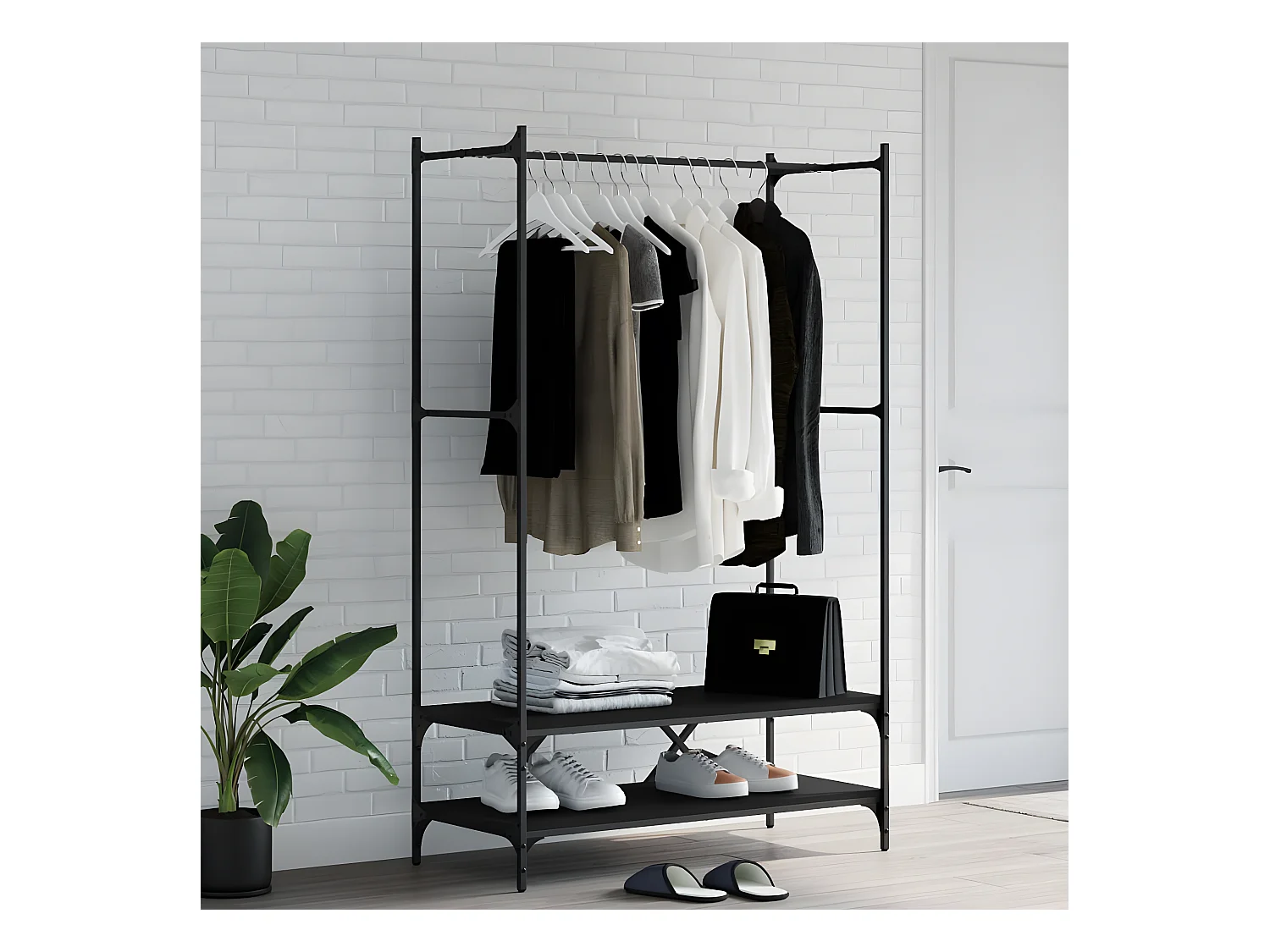 Porte-vêtements avec étagères noir bois d'ingénierie WVGQ1997