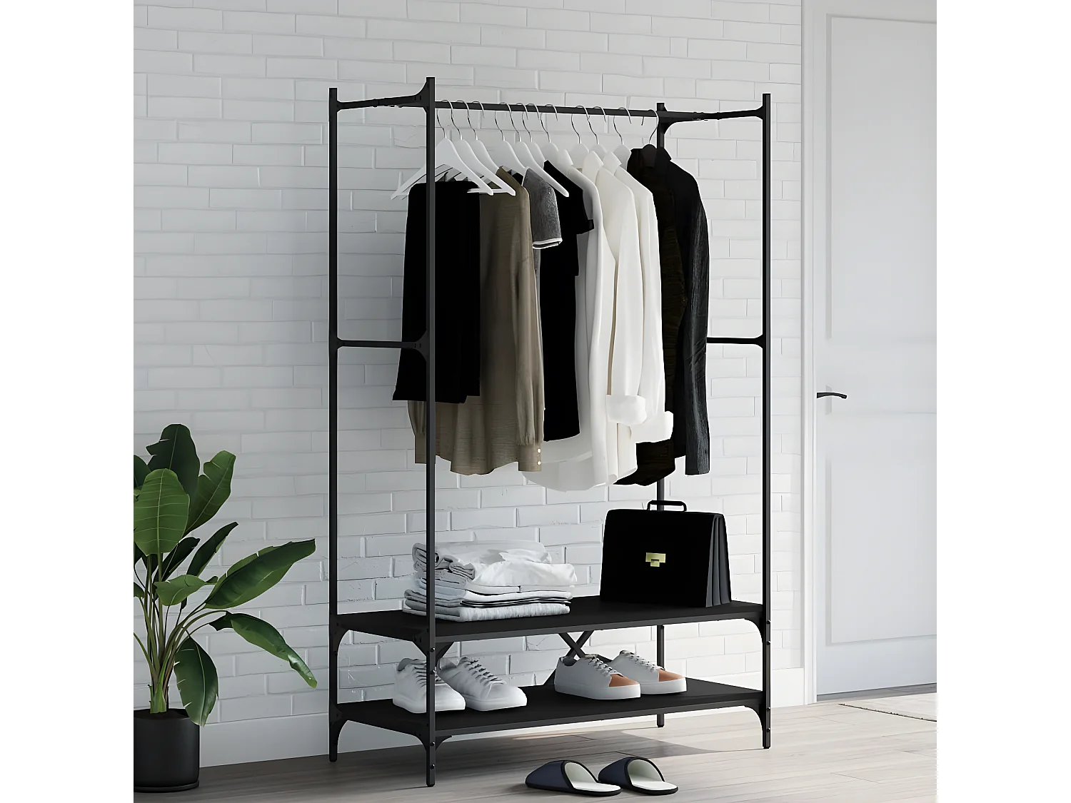 Porte-vêtements avec étagères noir bois d'ingénierie WVGQ1997