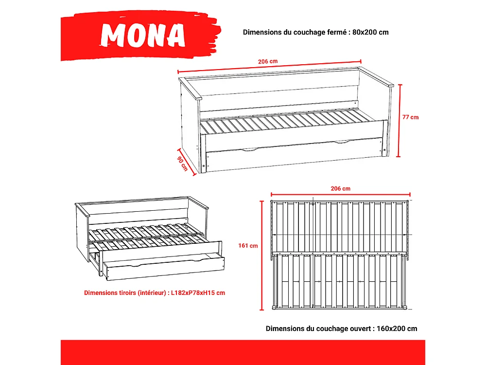 Banquette extensible MONA 80x200 cm + 2 sommiers + 1 tiroir / Blanc