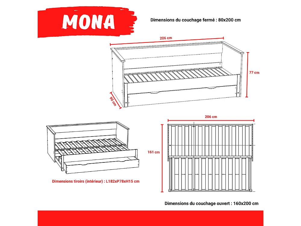 Banquette extensible MONA 80x200 cm + 2 sommiers + 1 tiroir / Blanc